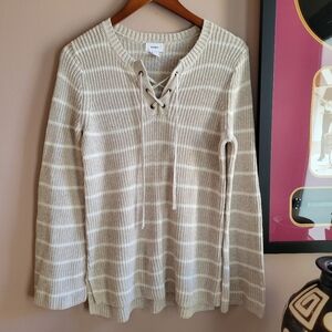 Old Navy Women's Shaker Knit Lace Up Sweater Beige/White Stripes M Bell SLEEVES